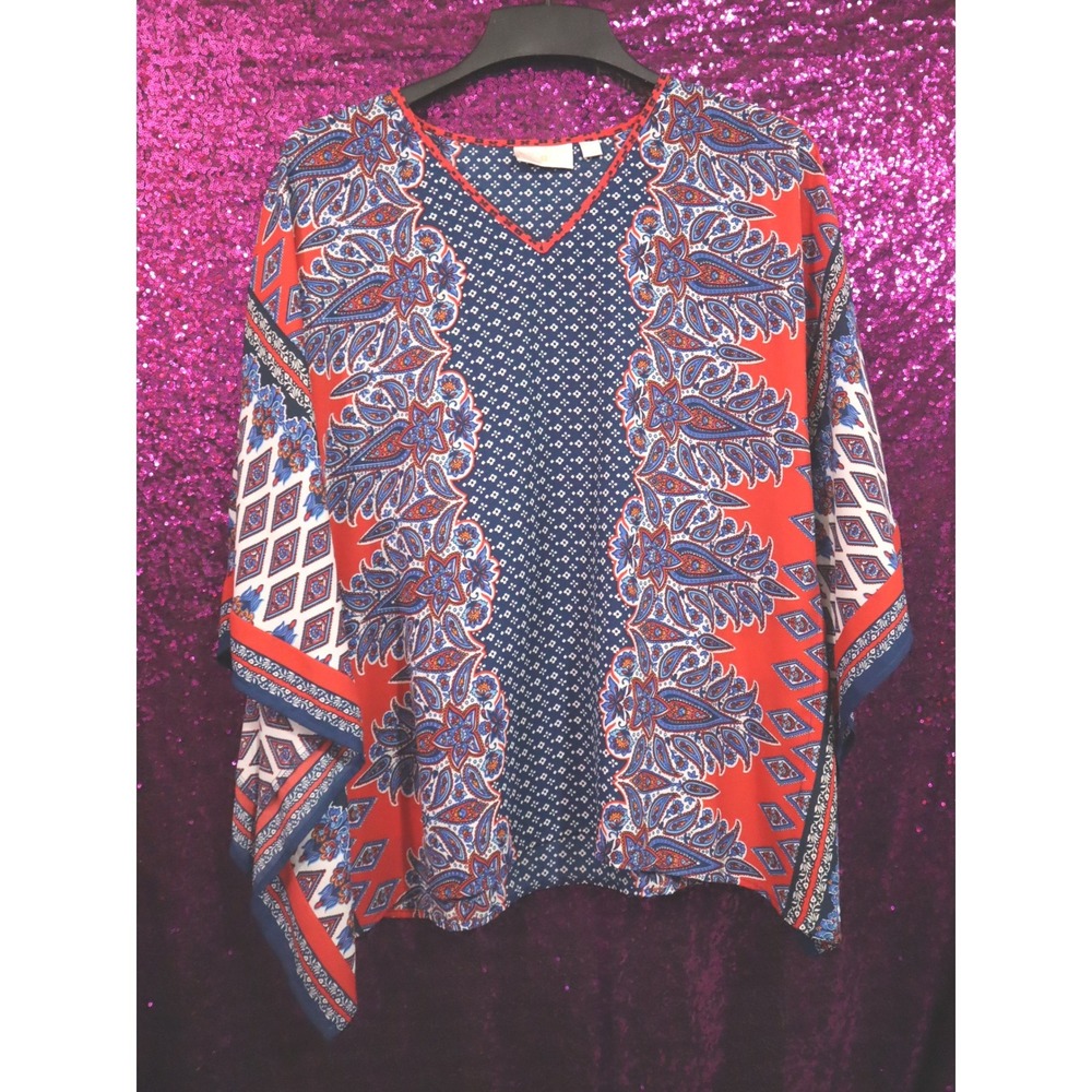 Red Paisley Poncho Top XS Belle by Kim Gravel Womens V-Neck Kimono Blouse